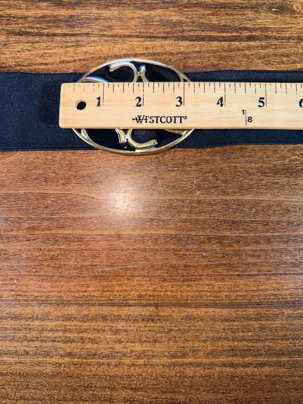 Vintage Elastic Black Waist Belt with Decorative Gold-Tone Oval Buckle